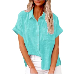 Women casual short sleeve linen shirt solid color button down blouse summer top white pants