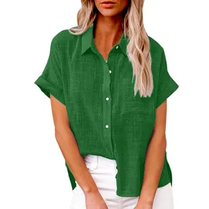 Solid color linen short sleeve shirt detail, turn-down collar, single chest pocket, button-down.
