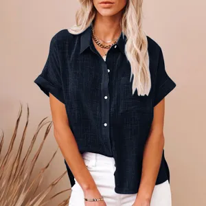 Women's short sleeve linen shirt casual loose solid color button down top detail view.