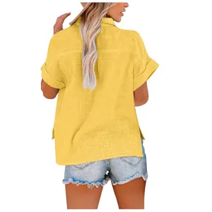 Detailed back view of a solid yellow short sleeve casual linen shirt for women, loose fit style.