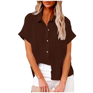Casual solid color linen short sleeve button down shirt detail view for women summer wear.