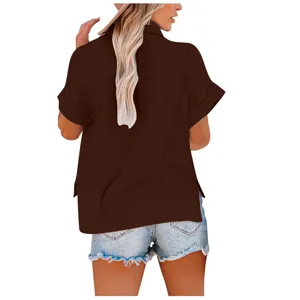 Women solid color linen short sleeve casual loose shirt back view detail for summer daily wear