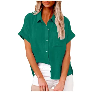 Casual solid color short sleeve linen shirt for women, loose button down summer top, green.