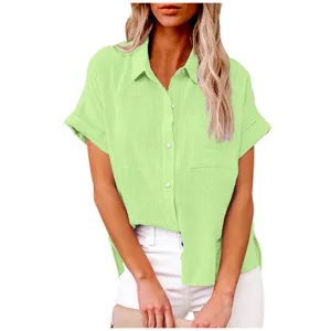 Close-up detail of a light green short-sleeve linen button-down shirt for women summer styling.