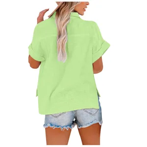 Casual solid color linen short sleeve button down shirt for women, loose fit summer top.