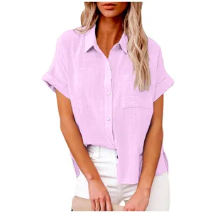 Detail view of the casual short sleeve linen shirt with button-up front and chest pocket design.