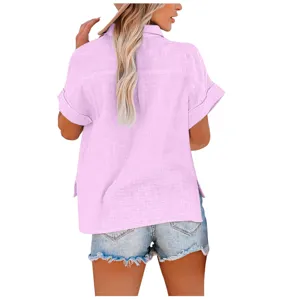 Back view showcasing the casual loose short-sleeve solid color linen shirt detail.