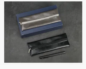 Vintage leather pencil case set with gift box and pen, premium office stationery storage pouch.
