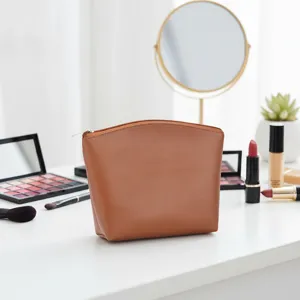 Bolsa de maquillaje de cuero PU marron estuche cosmetico con cremallera organizador mujer