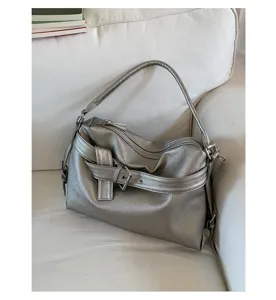 Silver retro motorcycle shoulder bag, vintage PU leather crossbody bag for women detail.