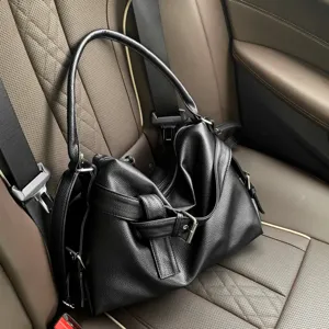 Vintage PU Leather Motorcycle Crossbody Shoulder Bag For Women Retro Large Capacity Underarm Tote Bag With Belt Buckle Details Commuting Satchel Bag