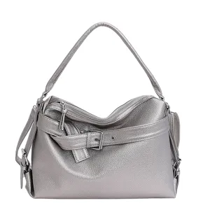 Retro silver motorcycle shoulder bag, casual crossbody hobo tote for women daily commute.
