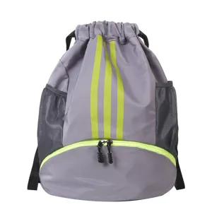 Grauer Kordelzug-Rucksack mit neongrünen Streifen und Bodenfach für Sport Fitness Reisen