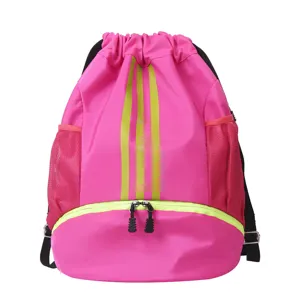 Rosa Kordelzug Sportrucksack mit neongelben Streifen, Fitness Gymsack und Reisebeutel.