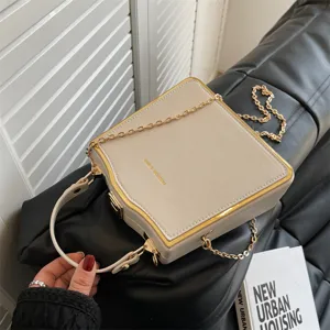 Chic beige box handbag with gold chain strap and structured frame for women daily fashion style.