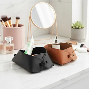 Caja de Almacenamiento Plegable de Cuero Moderno Minimalista Escritorio Vestíbulo Organizador de Artículos Llaves Cosméticos Bandeja