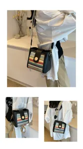 Chic woven bucket bag for women, stylish color block crossbody shoulder bag with wide strap.