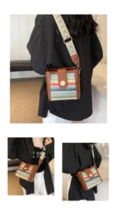Stylish women woven bucket crossbody bag with wide strap casual shoulder bag detail view