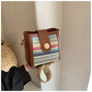 Women woven crossbody bucket bag stylish shoulder bag with wide strap for daily use