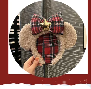 Cute plush bow hair hoop with star detail, soft fuzzy winter headband for sweet style.