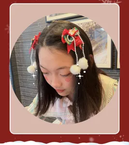 Christmas hair clips red bow white pom pom bell cute holiday festival hair accessories for girls