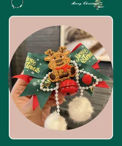 Christmas children's hair clip red green ribbon bow reindeer bell cute hair accessory