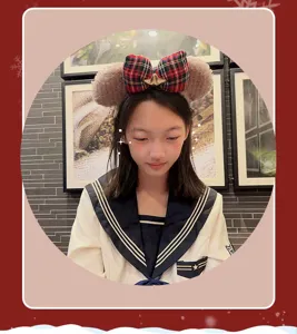 Cute plush mouse ear headband with plaid bow sweet winter hair accessory for kids