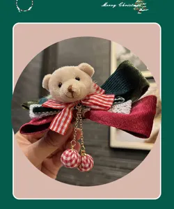Christmas velvet bear hair clip cute bow plush hairpin with hanging bells for girls.