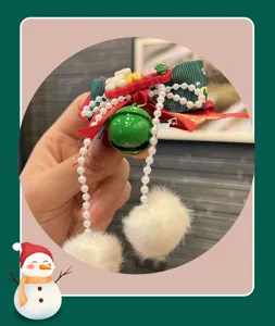 Christmas children hair clip with green red ribbon bow pearls bell and fluffy pom poms