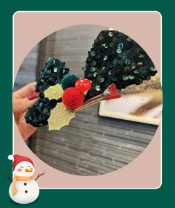 Christmas sequin bow hair clip for kids, red green festive hair accessory for girls party.