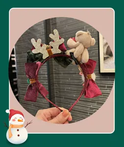 Cute Christmas reindeer antler hair hoop with retro plush bear and handmade velvet bows for girls
