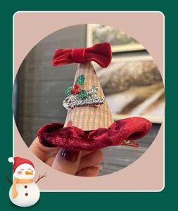 Kids Christmas tree hair clip with red velvet bow and plaid hat design for holiday photo 84