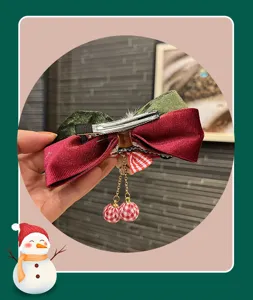 Christmas velvet hair bow clip with plaid ball tassels for cute girls holiday styling