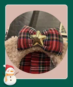 Christmas plush hair hoop detail with red green plaid bow and gold star for cute girls winter