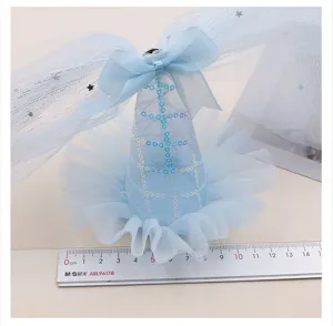 Princess birthday party blue cone headwear with sparkling mesh bow and sequins for kids party decor