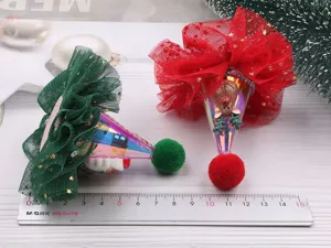 Weihnachten Haarklammer Laser blinkender Hut Netzschleife Pompon Kinder DIY Dekoration Zubehör