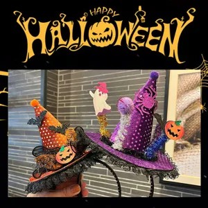 Halloween witch hat headband with cute pumpkin and bat designs, perfect for party dress up.