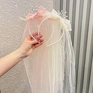 Prinzessin Kronen Haarreif mit Schleier und Perlen, süßer Haarschmuck für Mädchen.