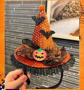 Halloween witch hat headband with glitter bats and pumpkin for party costume dress up