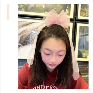 Cute children crown veil headband with pink bow, sweet hair accessory for girls party.