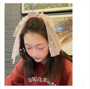 Kids Crown Veil Headband Sweet Bowknot Hair Hoop Birthday Stage Girl Hair Accessory