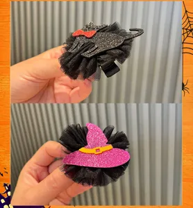Halloween Kinder niedliche schwarze Katze und Hexenhut Haarklammern Detailansicht