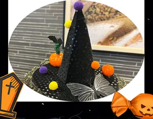 Halloween witch hat headband with sparkly sequins and pumpkins for party dress up.