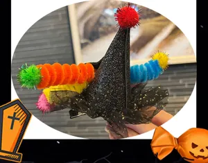 Halloween witch hat hair clip with colorful pipe cleaners and mesh, perfect for party dress up.