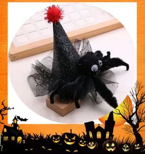 Halloween witch hat hair accessory with spider and tulle for DIY party decoration.