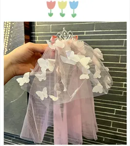 Kids crown hair accessory with mesh veil and sweet butterfly decorations for party performance.
