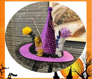 Halloween witch hat headband with purple sequins and lace brim for party costume dress up.