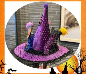Halloween witch hat headband with purple sequins and cute plush pom poms for party dress up.