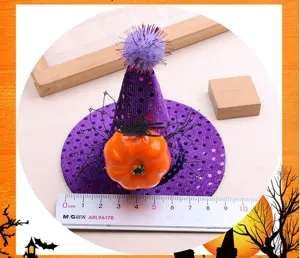 Halloween witch hat hair clip with pumpkin and spider web, perfect for party costume dress up.