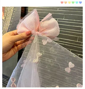 Pink bow hair clip with sheer mesh veil for sweet girls cute party hair accessories